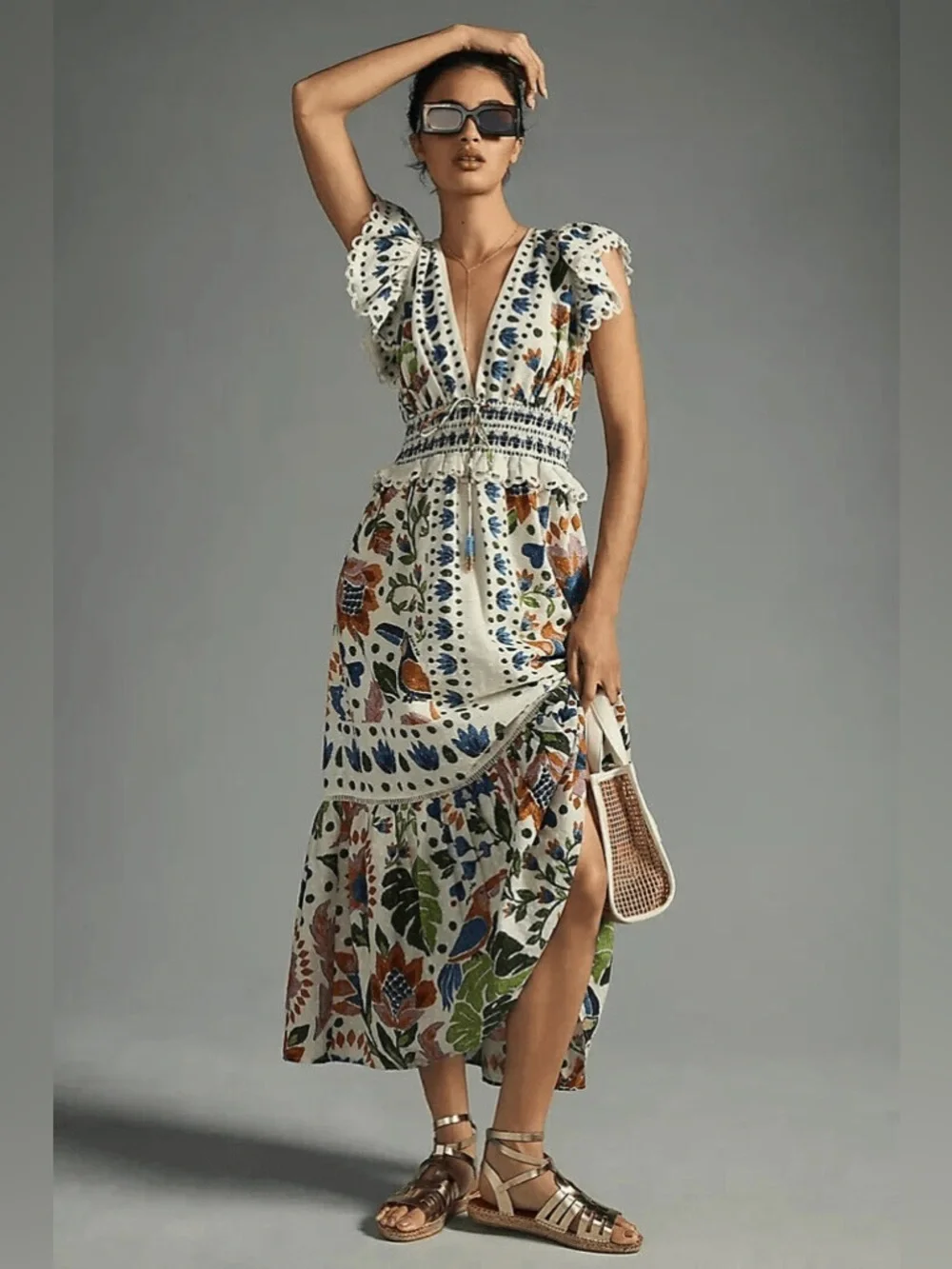NEW Viral Camila Summer Garden Party Floral Maxi Dress Cotton Scallop Smocked